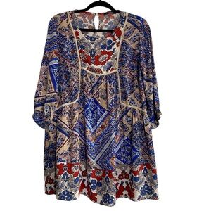 Boho Patchwork Mini Dress M Peasant Tunic Blue Red Floral Indie Festival